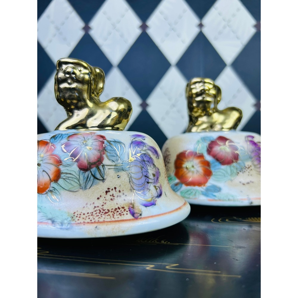Vintage Chinoiserie Peacock Ginger Jars Gold Foo Dog Lid Pair 15.5" - Picture 11 of 17
